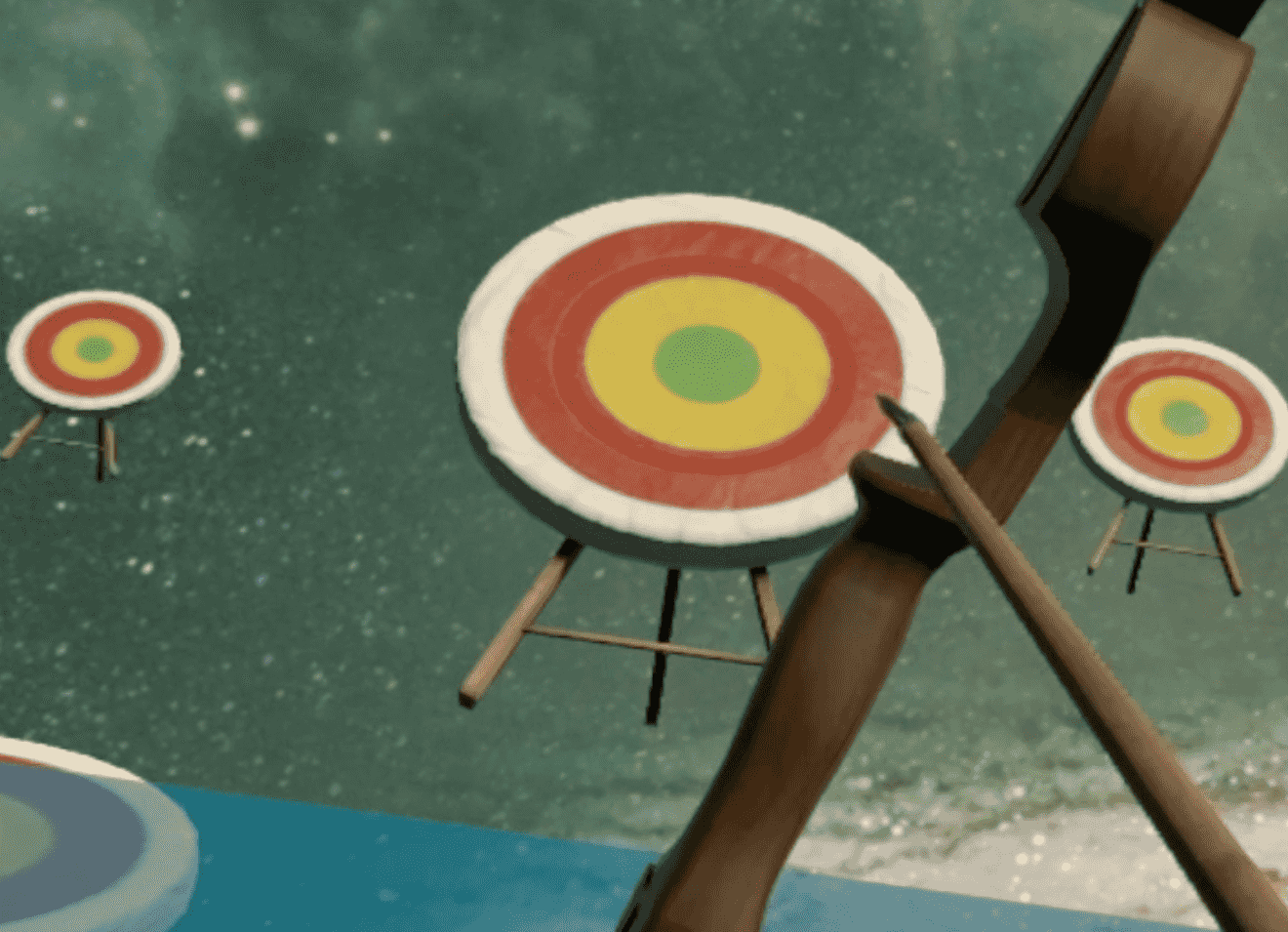 A picture showing a a frame form a VR experience, showing an archery target in a distance with a bow and arrow in view.