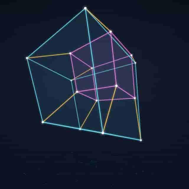 A glowing wireframe tesseract floating above a dark grid floor.