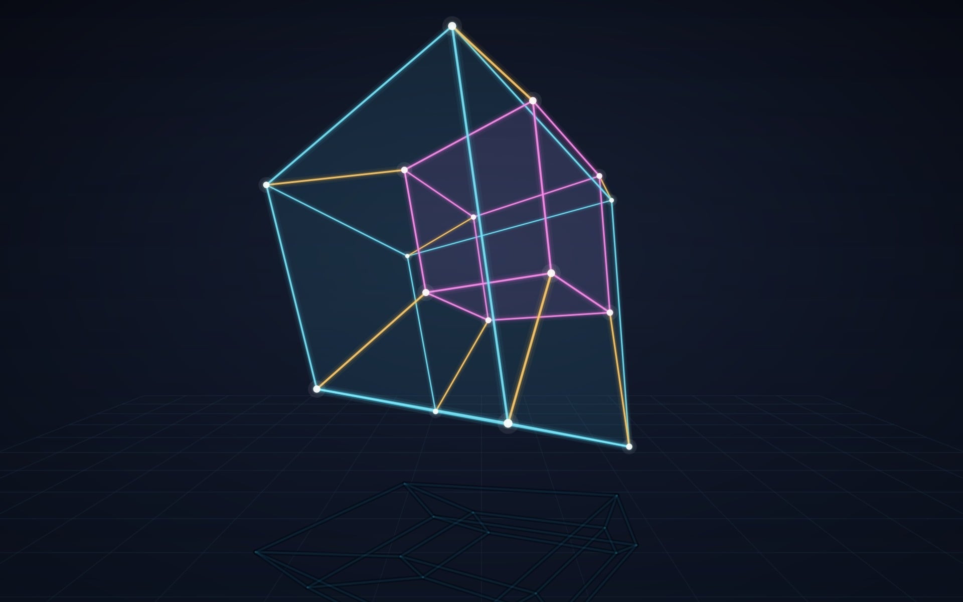 A glowing wireframe tesseract — a cube nested inside a cube, joined by slanted edges in cyan, magenta and amber — floating above a dark grid floor and casting a wireframe shadow onto it.