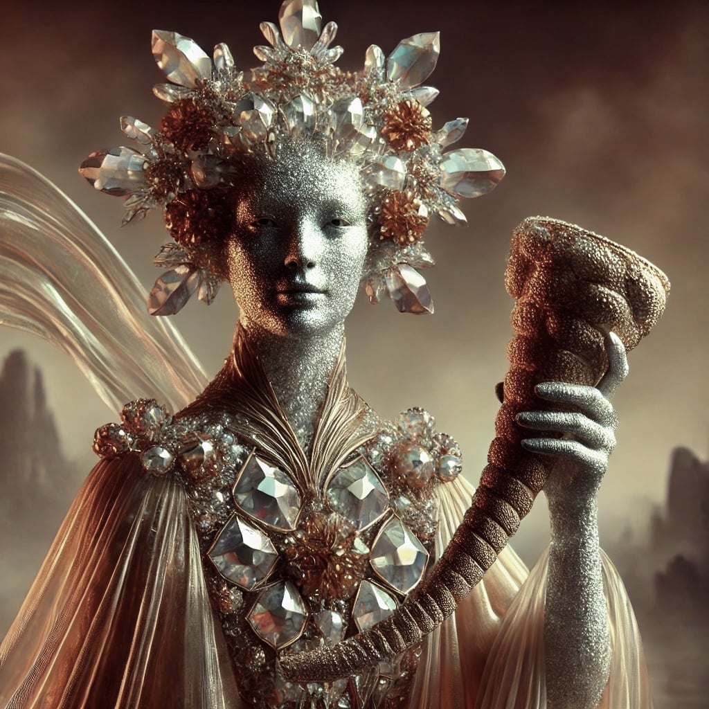 Image of a proud woman, standing in a distance. She has steely determination on her pale motionless face. Dark hair of shimmering rainbows flowed in the breeze below a heavy, intricate crystal crown, and her golden dress flowed as if under water in the heavy Titanian air. She held out a white, translucent conical vessel, slowly tipping its empty contents to the ground.