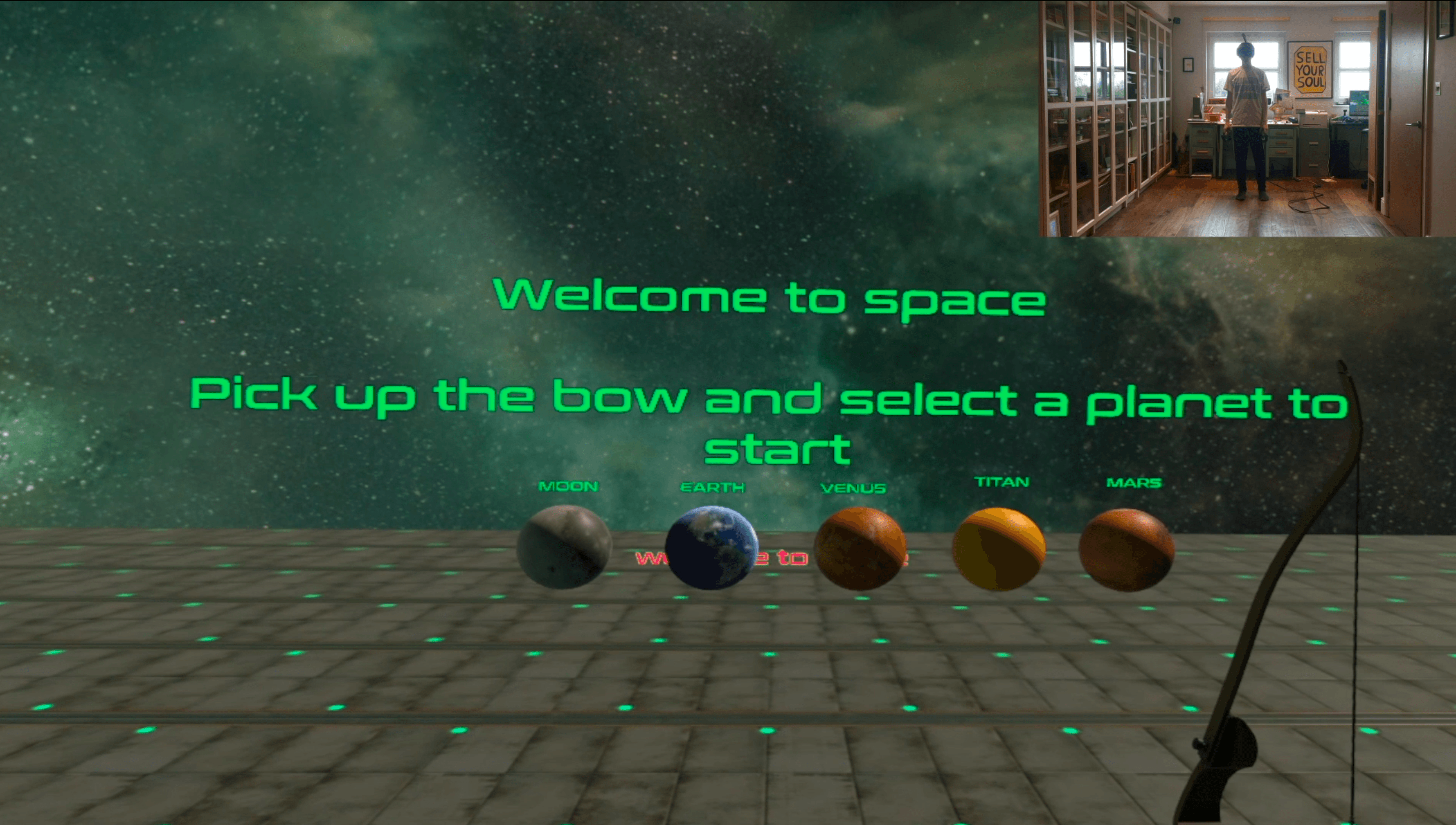A picture showing a a frame form a VR experience. A row of celestial bodies: Moon, Earth, Mars, Venus, and Titan